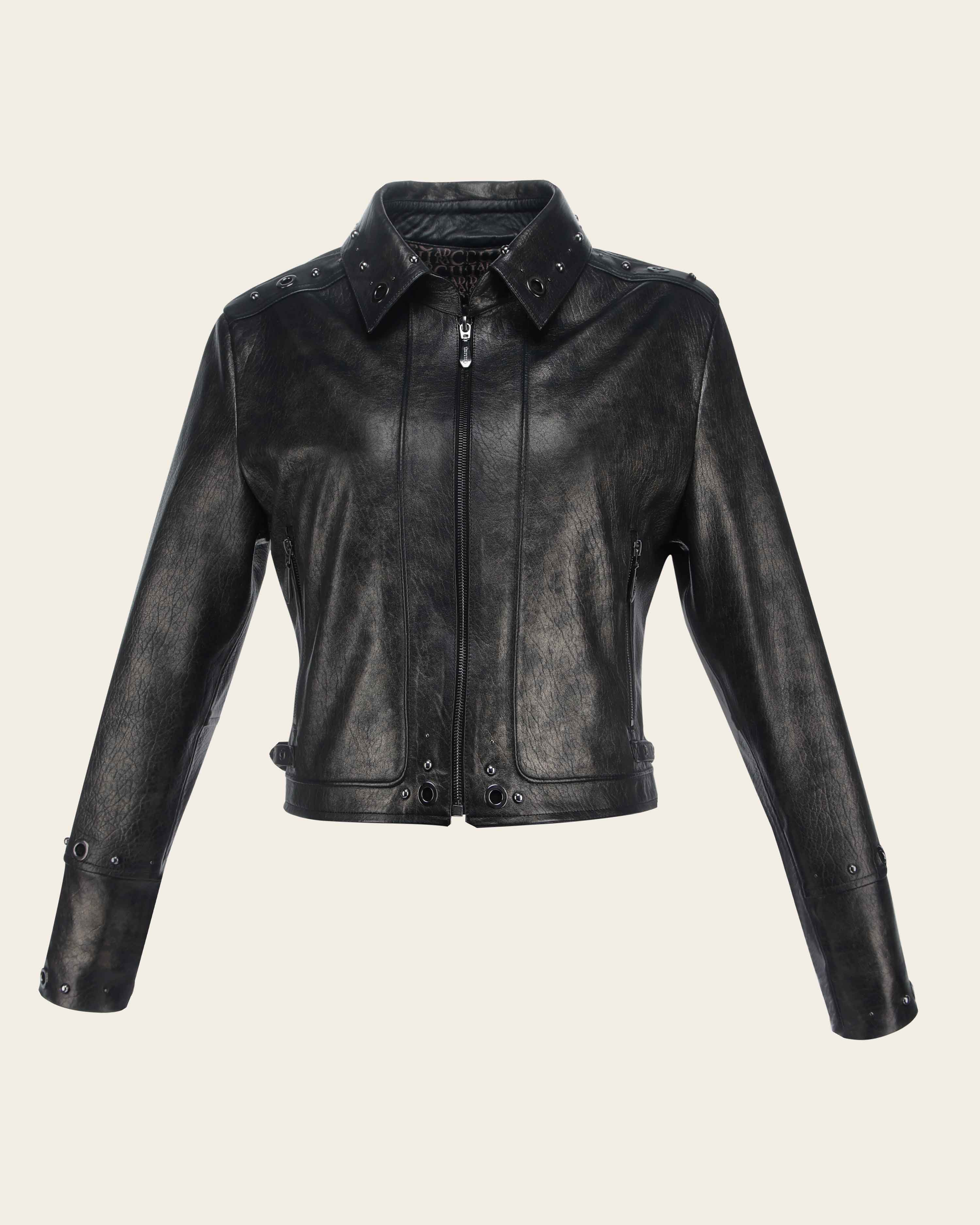 Black Zipper and Studs Leather Jacket