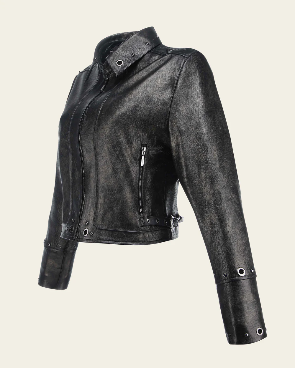 Black Zipper and Studs Leather Jacket