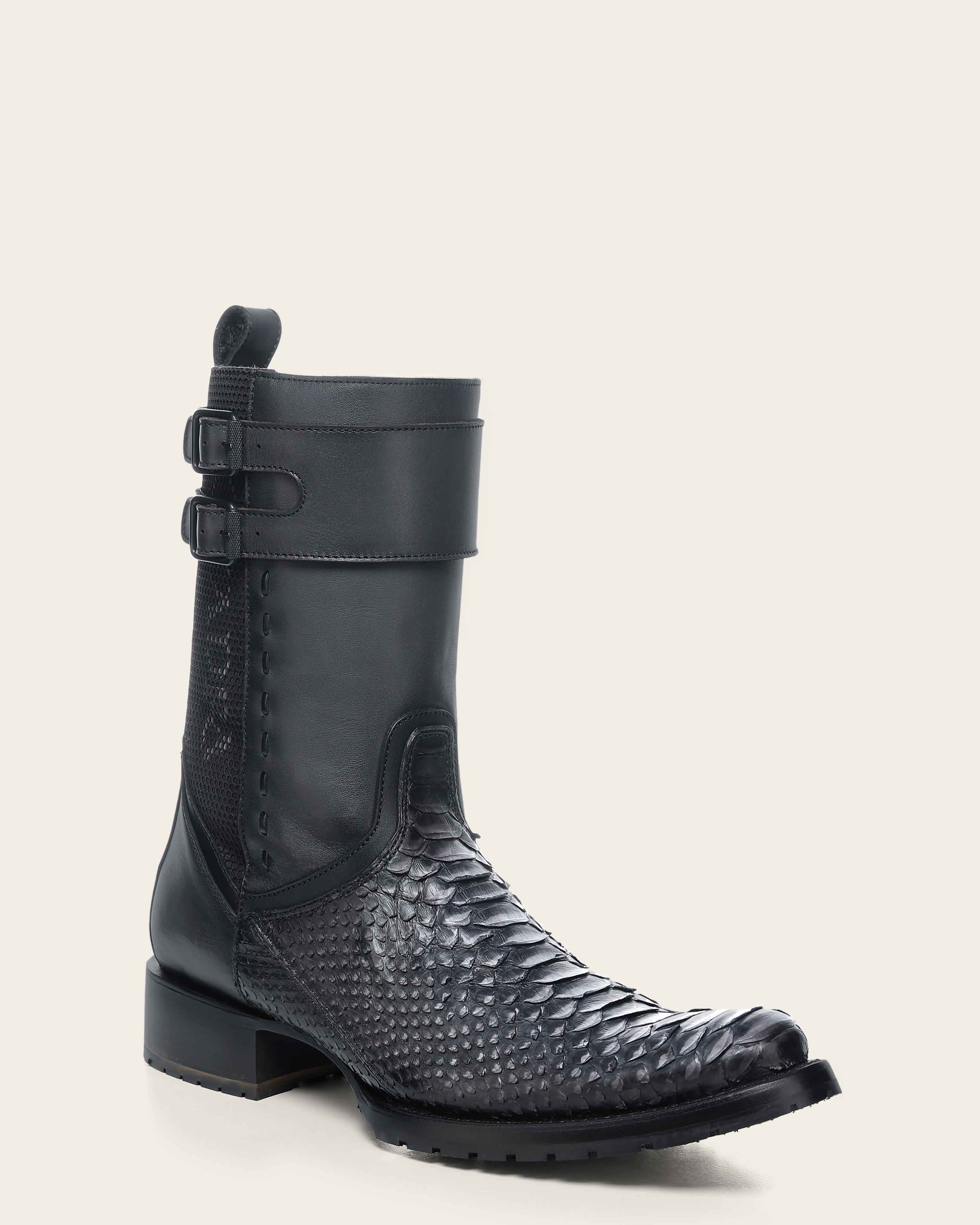 Men’s Genuine Python Leather Black/Grafite Boot with Mid-Calf Shaft