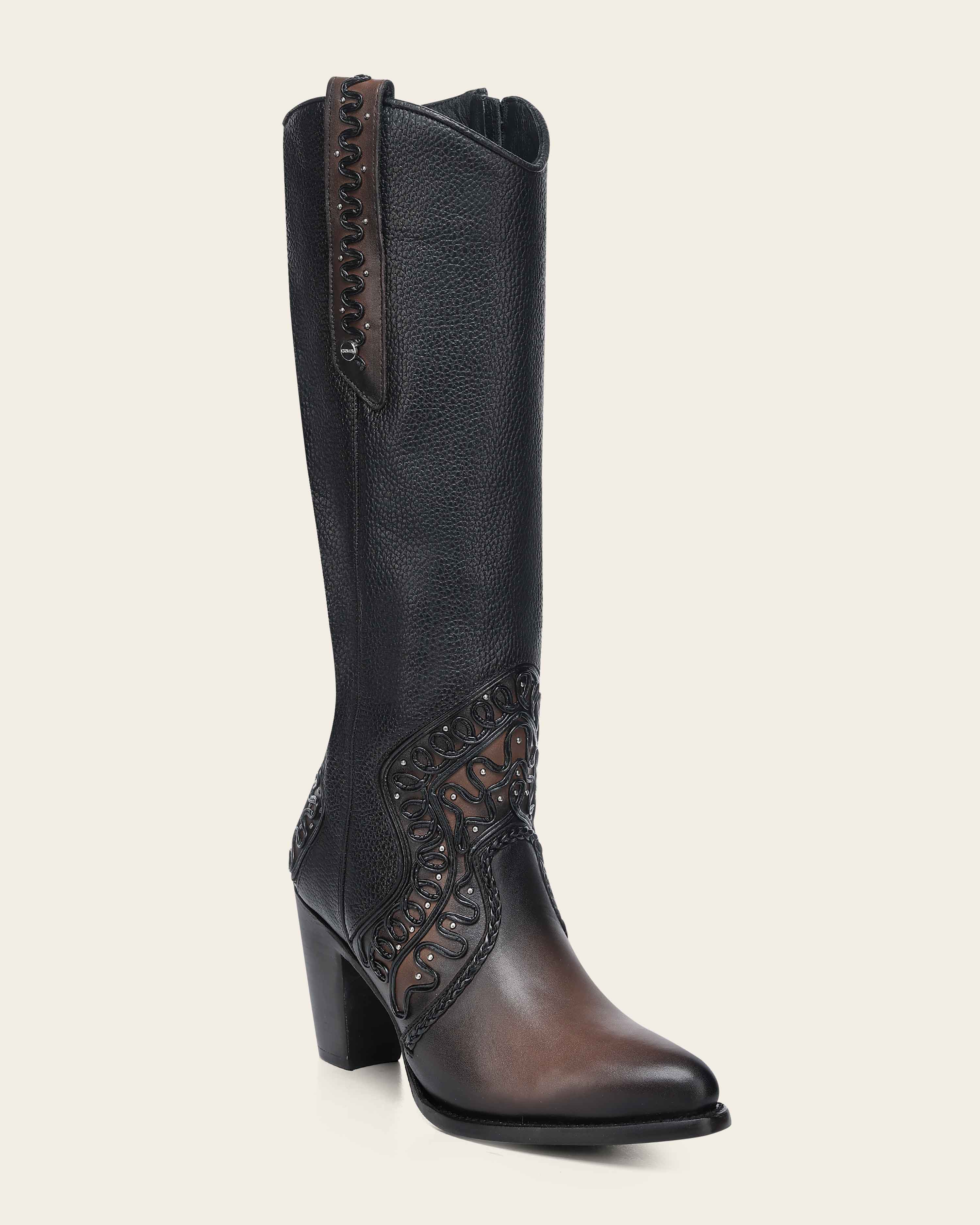 Women’s High Western Boot in Genuine Bovine Leather with Organic Embroidery