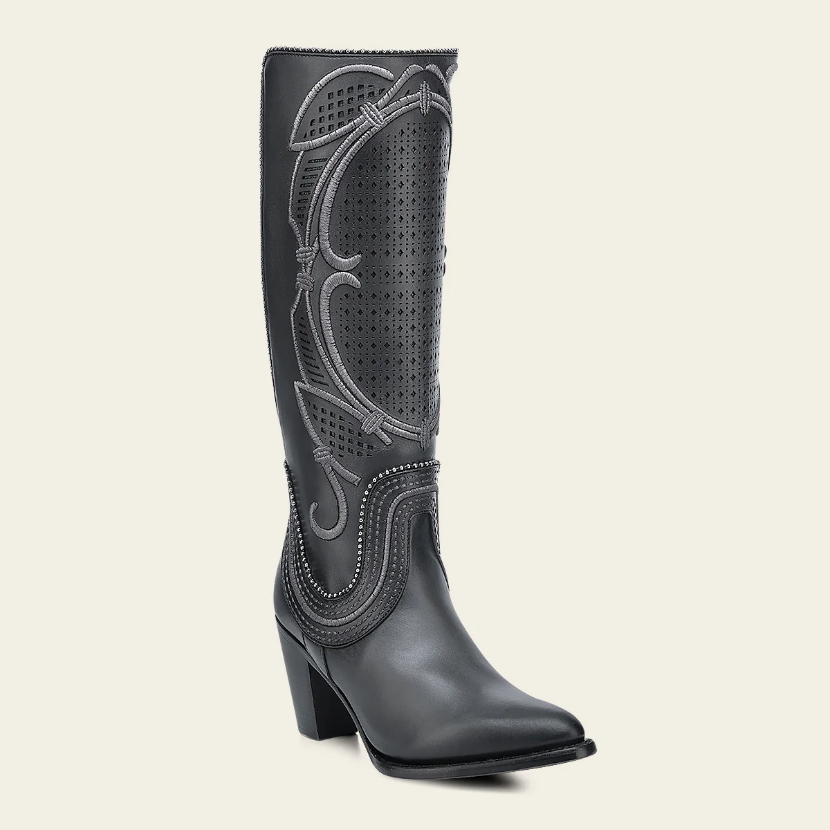 Women's Tall Gray Leather Boot with Laser-Cut Shaft & Raised Embroidery 10 Women's Tall Gray Leather Boot with Laser-Cut Shaft & Raised Embroidery