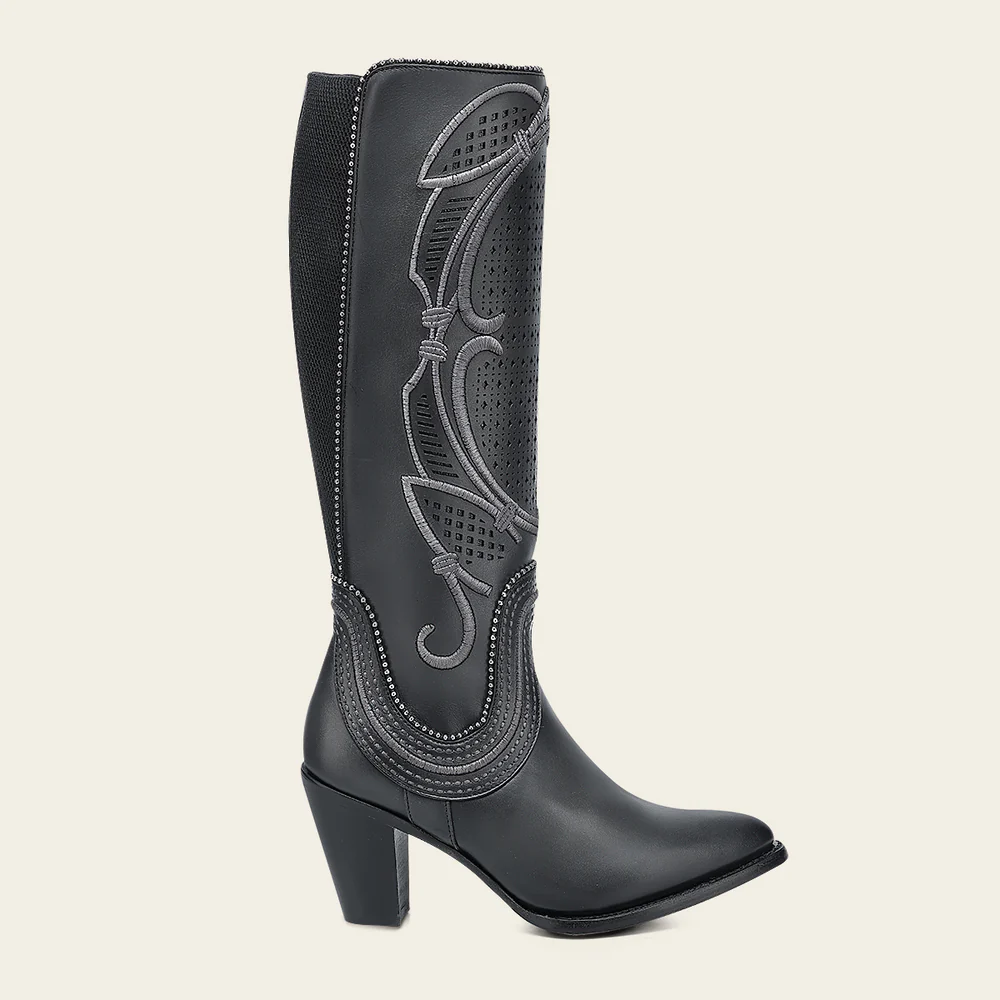 Women's Tall Gray Leather Boot with Laser-Cut Shaft & Raised Embroidery 11 Women's Tall Gray Leather Boot with Laser-Cut Shaft & Raised Embroidery