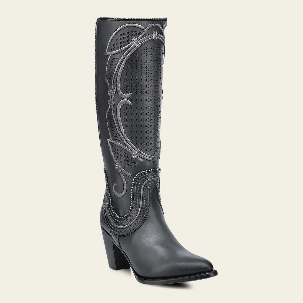 Women's Tall Gray Leather Boot with Laser-Cut Shaft & Raised Embroidery 13 Women's Tall Gray Leather Boot with Laser-Cut Shaft & Raised Embroidery