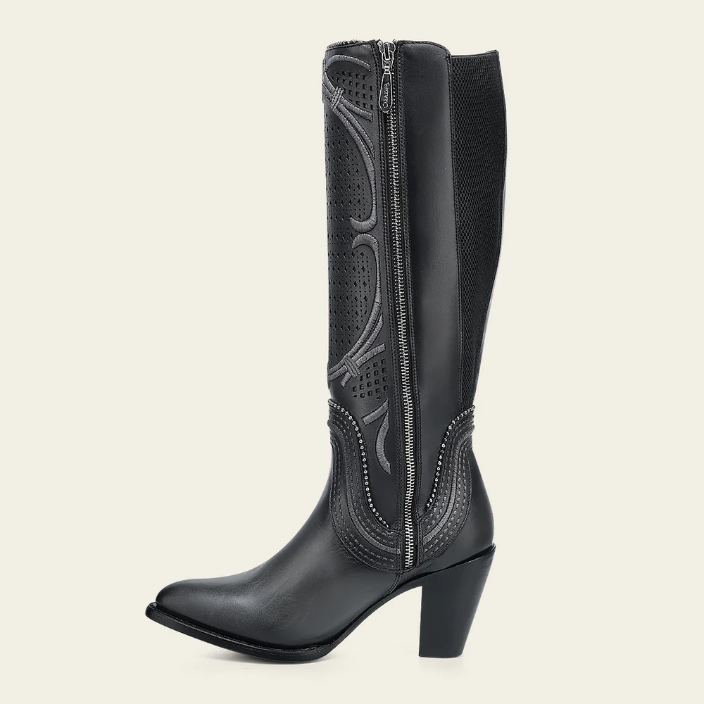 Women's Tall Gray Leather Boot with Laser-Cut Shaft & Raised Embroidery 15 Women's Tall Gray Leather Boot with Laser-Cut Shaft & Raised Embroidery
