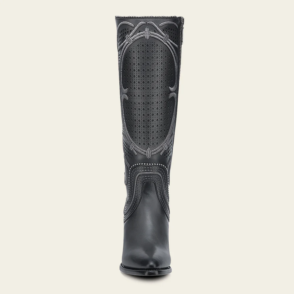 Women's Tall Gray Leather Boot with Laser-Cut Shaft & Raised Embroidery 5 Women's Tall Gray Leather Boot with Laser-Cut Shaft & Raised Embroidery
