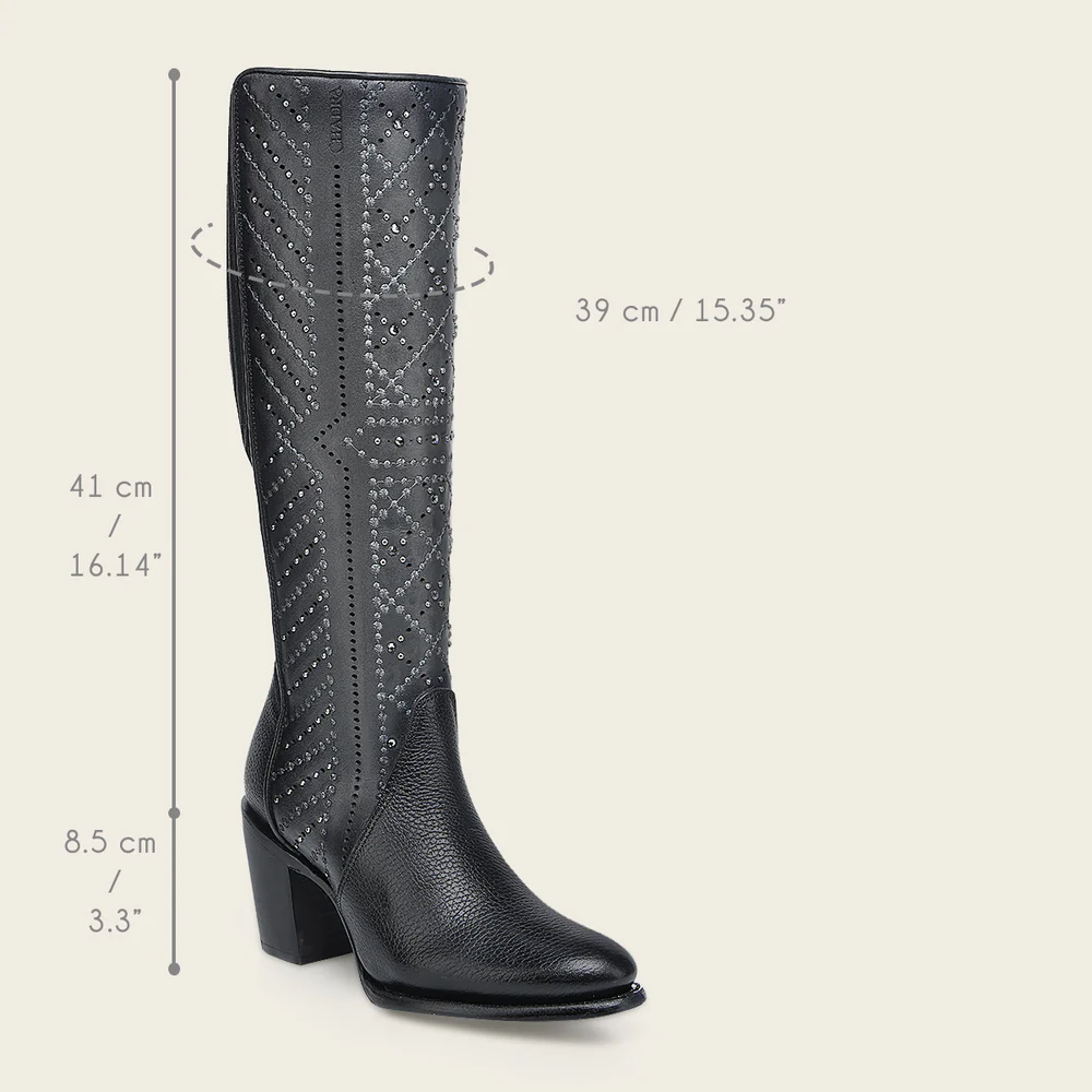 Women’s Tall Black Leather Boot with Crystals and Laser-Cut Geometric Embroidery 10 Women’s Tall Black Leather Boot with Crystals and Laser-Cut Geometric Embroidery