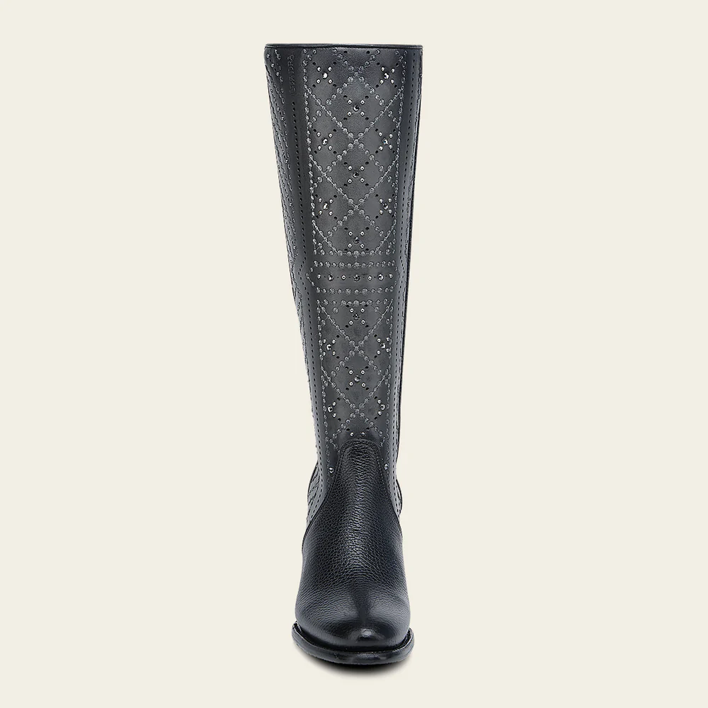 Women’s Tall Black Leather Boot with Crystals and Laser-Cut Geometric Embroidery 12 Women’s Tall Black Leather Boot with Crystals and Laser-Cut Geometric Embroidery