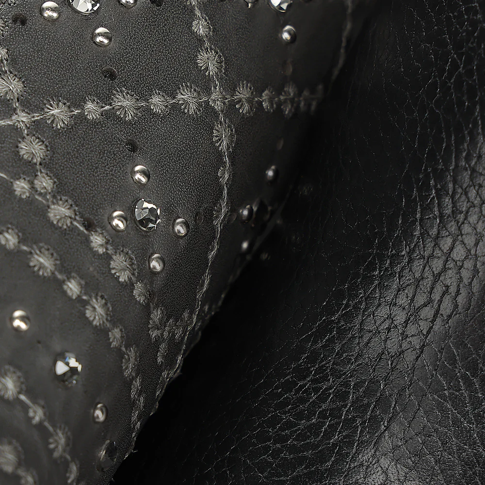 Women’s Tall Black Leather Boot with Crystals and Laser-Cut Geometric Embroidery 13 Women’s Tall Black Leather Boot with Crystals and Laser-Cut Geometric Embroidery