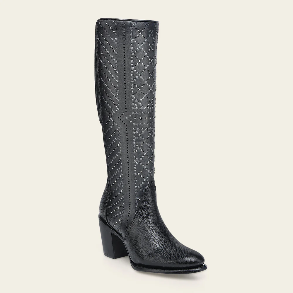 Women’s Tall Black Leather Boot with Crystals and Laser-Cut Geometric Embroidery 14 Women’s Tall Black Leather Boot with Crystals and Laser-Cut Geometric Embroidery