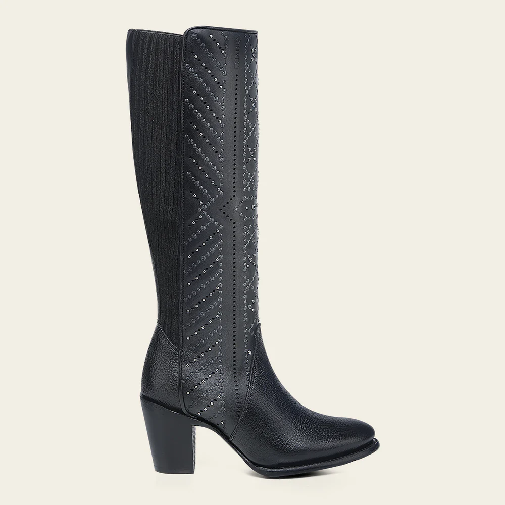 Women’s Tall Black Leather Boot with Crystals and Laser-Cut Geometric Embroidery 5 Women’s Tall Black Leather Boot with Crystals and Laser-Cut Geometric Embroidery