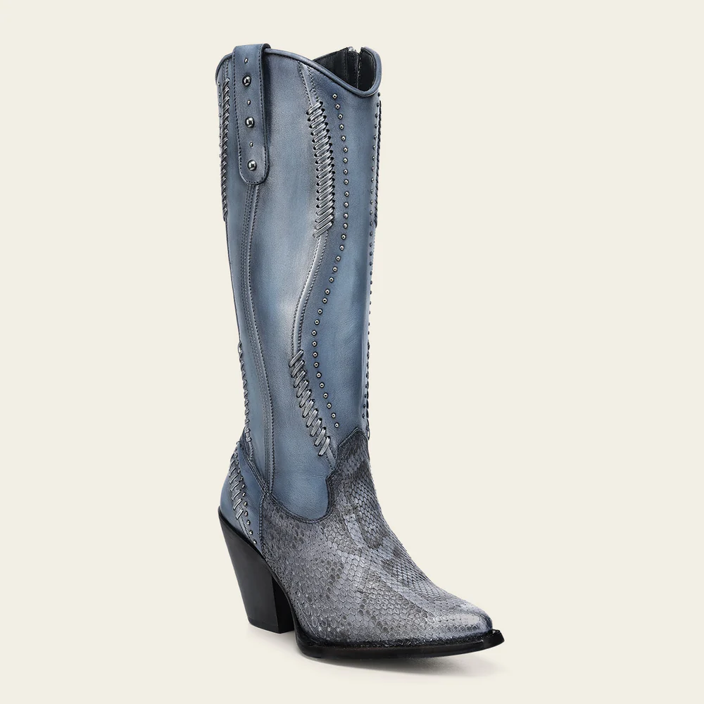 Women’s Tall Python Leather Boots in Blue with Handwoven Accents 14 Women’s Tall Python Leather Boots in Blue with Handwoven Accents