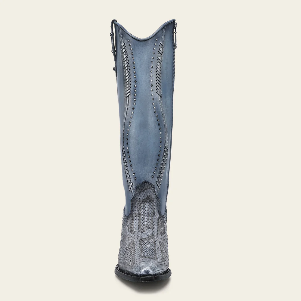 Women’s Tall Python Leather Boots in Blue with Handwoven Accents