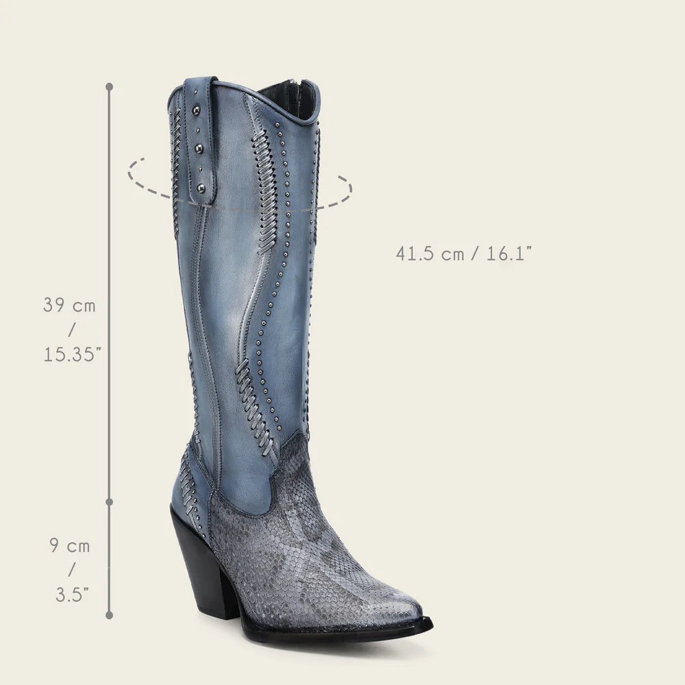 Women’s Tall Python Leather Boots in Blue with Handwoven Accents 20 Women’s Tall Python Leather Boots in Blue with Handwoven Accents