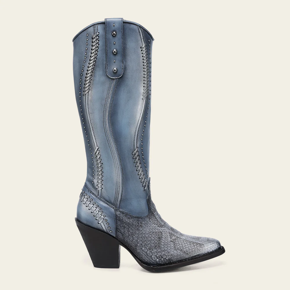 Women’s Tall Python Leather Boots in Blue with Handwoven Accents 5 Women’s Tall Python Leather Boots in Blue with Handwoven Accents