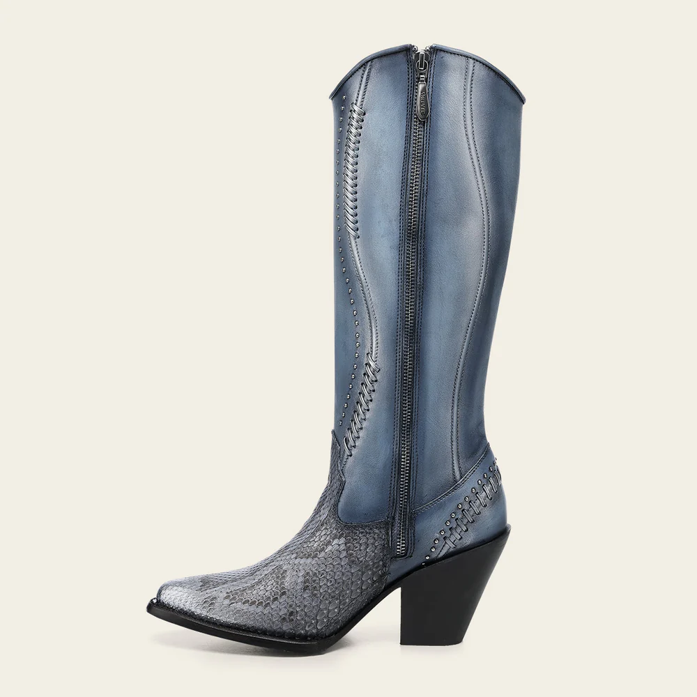 Women’s Tall Python Leather Boots in Blue with Handwoven Accents 7 Women’s Tall Python Leather Boots in Blue with Handwoven Accents
