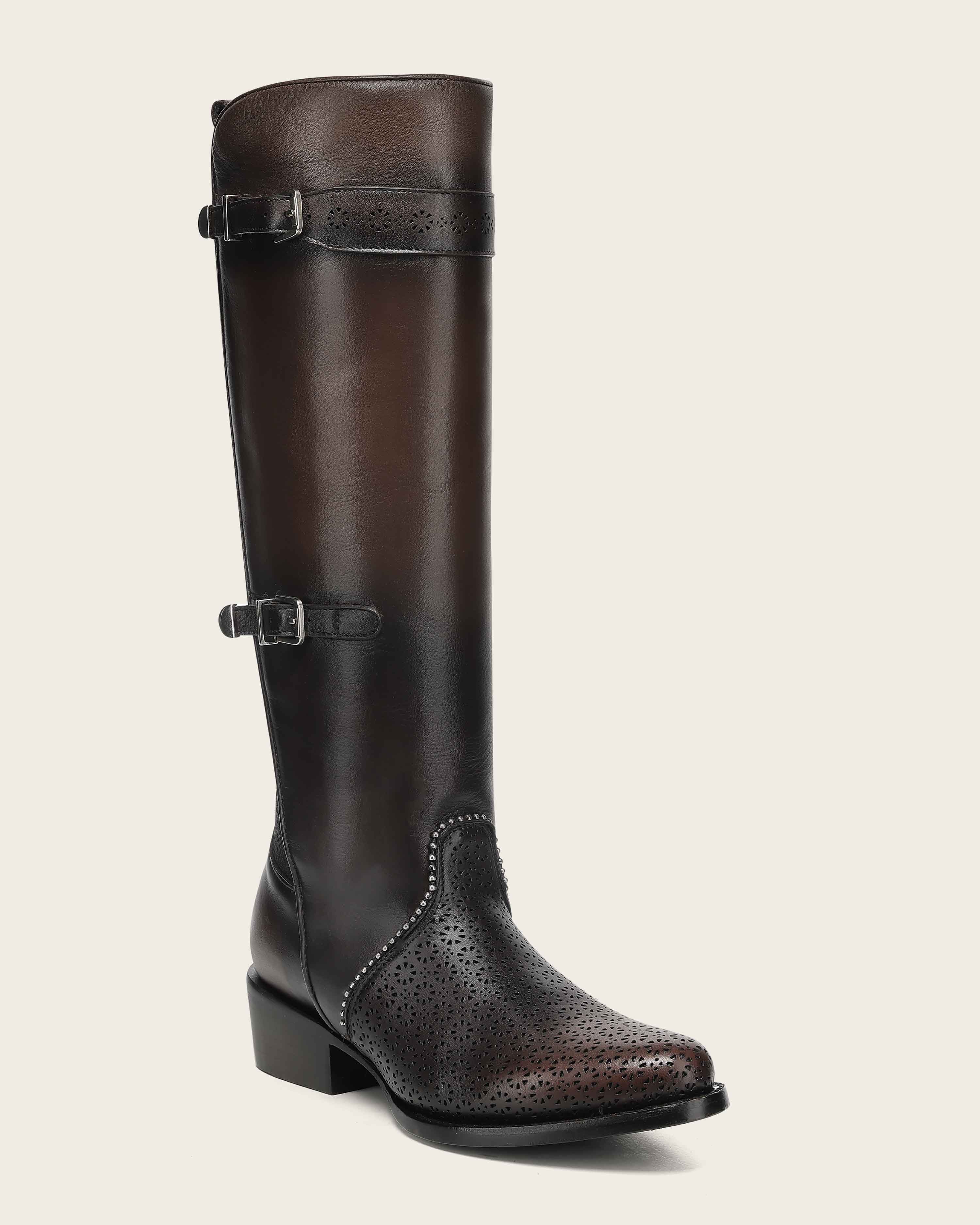 Women's Brown Tall Equestrian Leather Boot with Laser-Cut Details and Decorative Straps 11 Women's Brown Tall Equestrian Leather Boot with Laser-Cut Details and Decorative Straps
