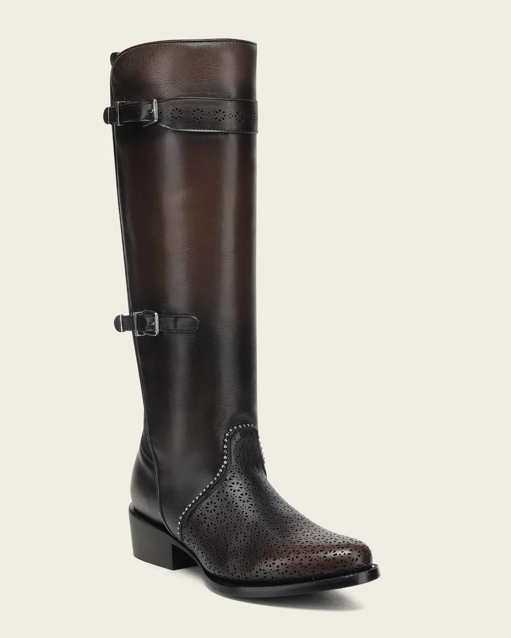 Women's Brown Tall Equestrian Leather Boot with Laser-Cut Details and Decorative Straps 14 Women's Brown Tall Equestrian Leather Boot with Laser-Cut Details and Decorative Straps