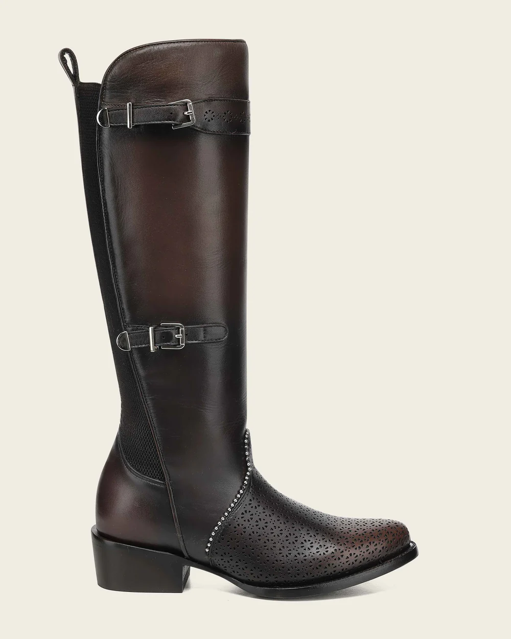 Women's Brown Tall Equestrian Leather Boot with Laser-Cut Details and Decorative Straps