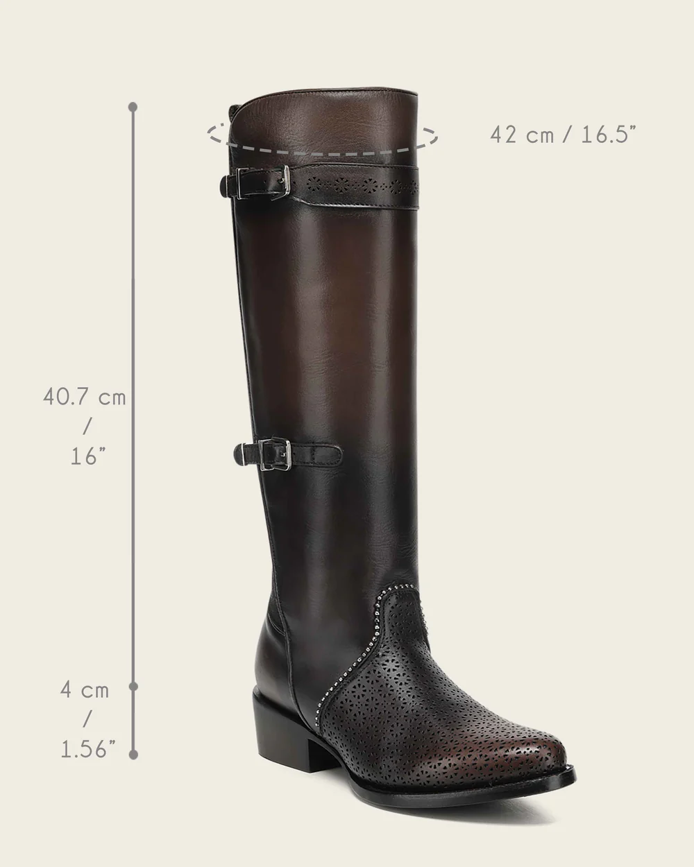 Women's Brown Tall Equestrian Leather Boot with Laser-Cut Details and Decorative Straps 20 Women's Brown Tall Equestrian Leather Boot with Laser-Cut Details and Decorative Straps