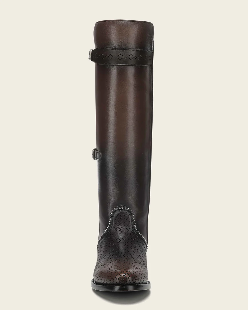 Women's Brown Tall Equestrian Leather Boot with Laser-Cut Details and Decorative Straps 5 Women's Brown Tall Equestrian Leather Boot with Laser-Cut Details and Decorative Straps