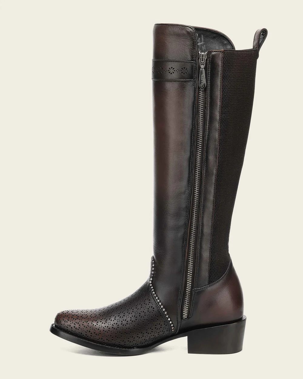 Women's Brown Tall Equestrian Leather Boot with Laser-Cut Details and Decorative Straps 6 Women's Brown Tall Equestrian Leather Boot with Laser-Cut Details and Decorative Straps