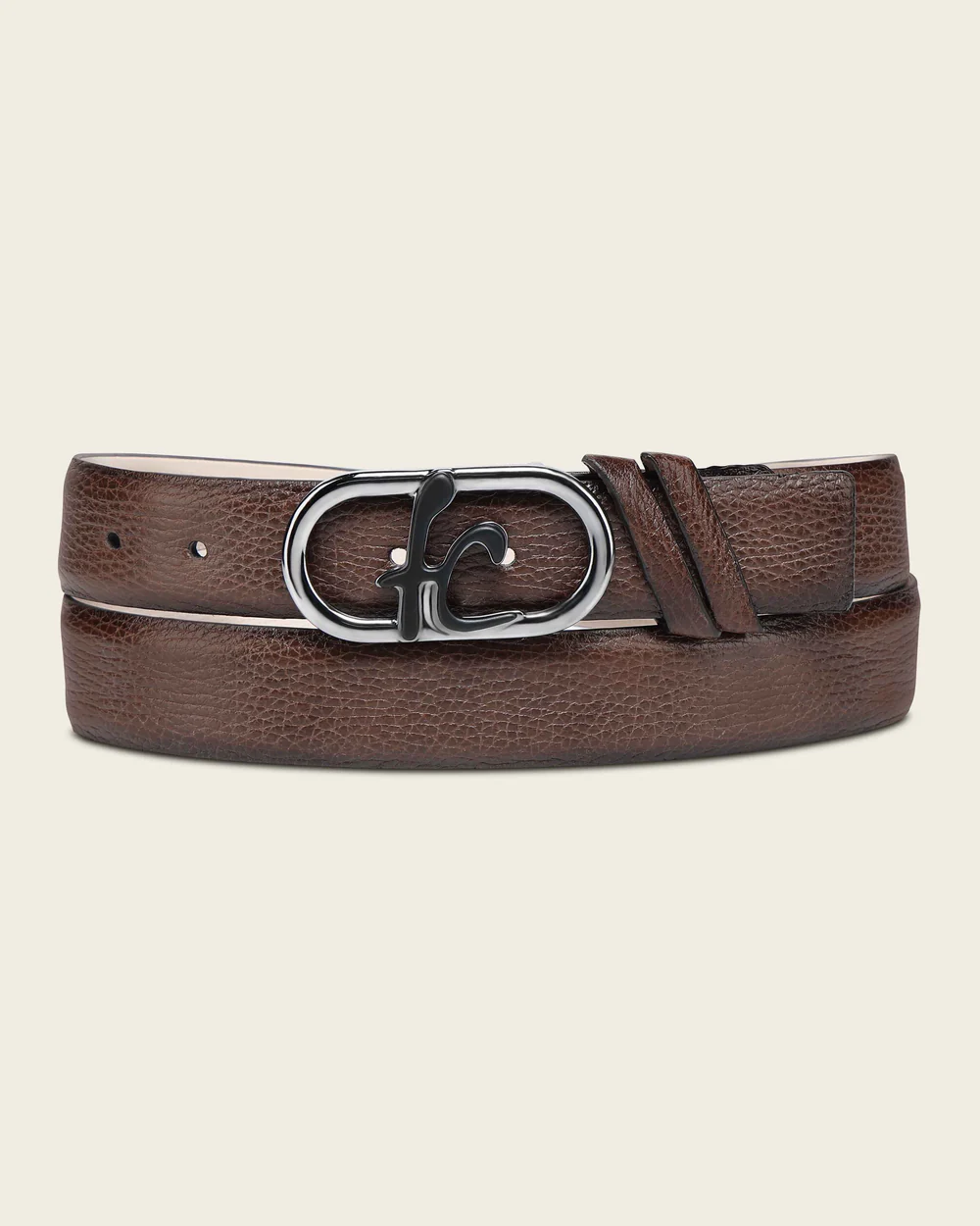 Men’s Genuine Deer Honey Leather Dress Belt with Monogram Buckle 4 Men’s Genuine Deer Honey Leather Dress Belt with Monogram Buckle