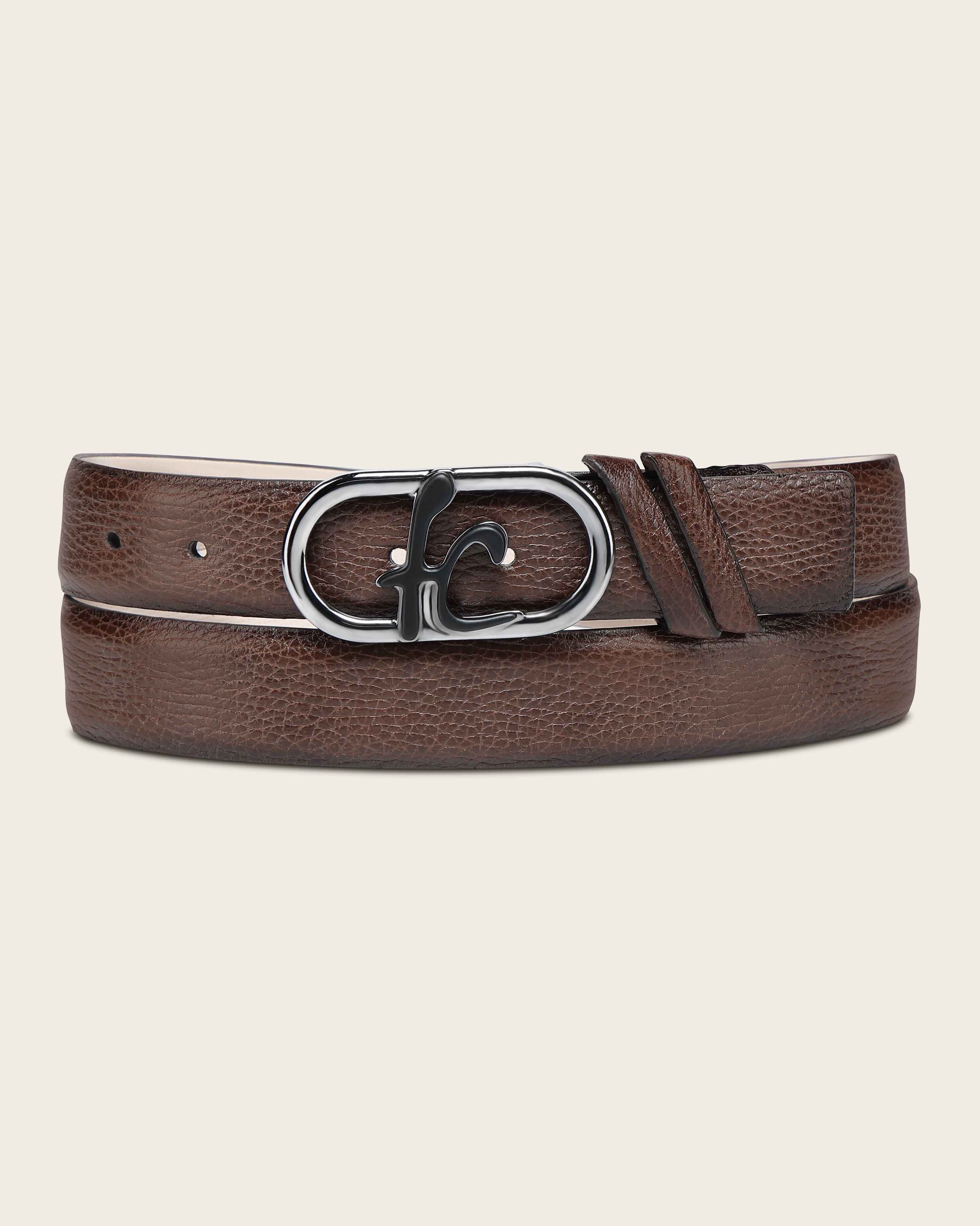 Men’s Genuine Deer Honey Leather Dress Belt with Monogram Buckle 7 Men’s Genuine Deer Honey Leather Dress Belt with Monogram Buckle