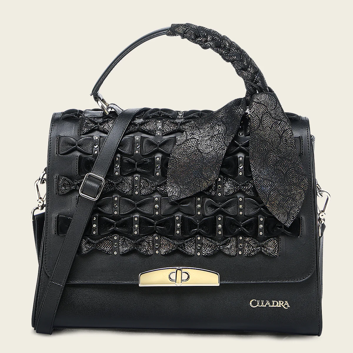 Luxury Women’s Black Handbag in Genuine Bovine Leather with Crystals