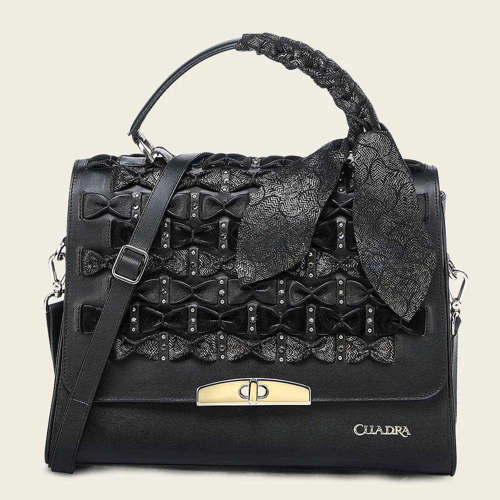 Luxury Women’s Black Handbag in Genuine Bovine Leather with Crystals