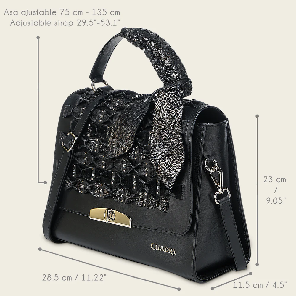 Luxury Women’s Black Handbag in Genuine Bovine Leather with Crystals