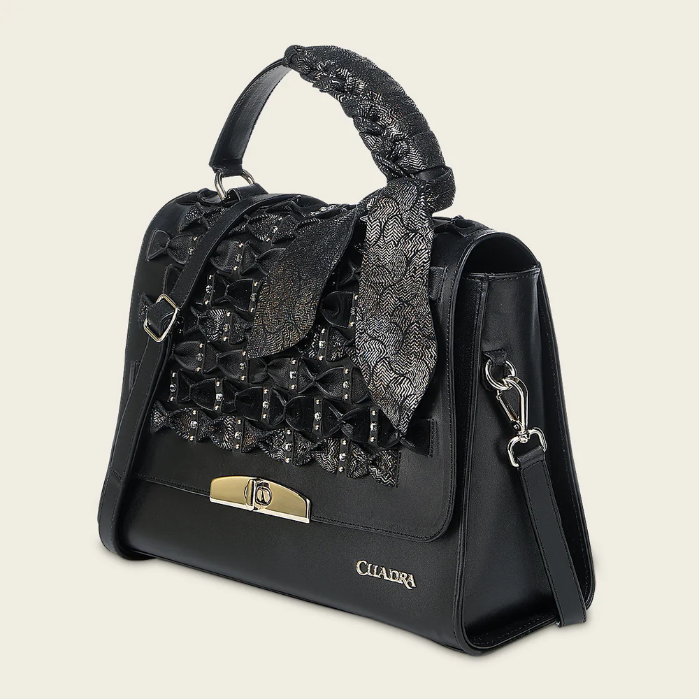 Luxury Women’s Black Handbag in Genuine Bovine Leather with Crystals