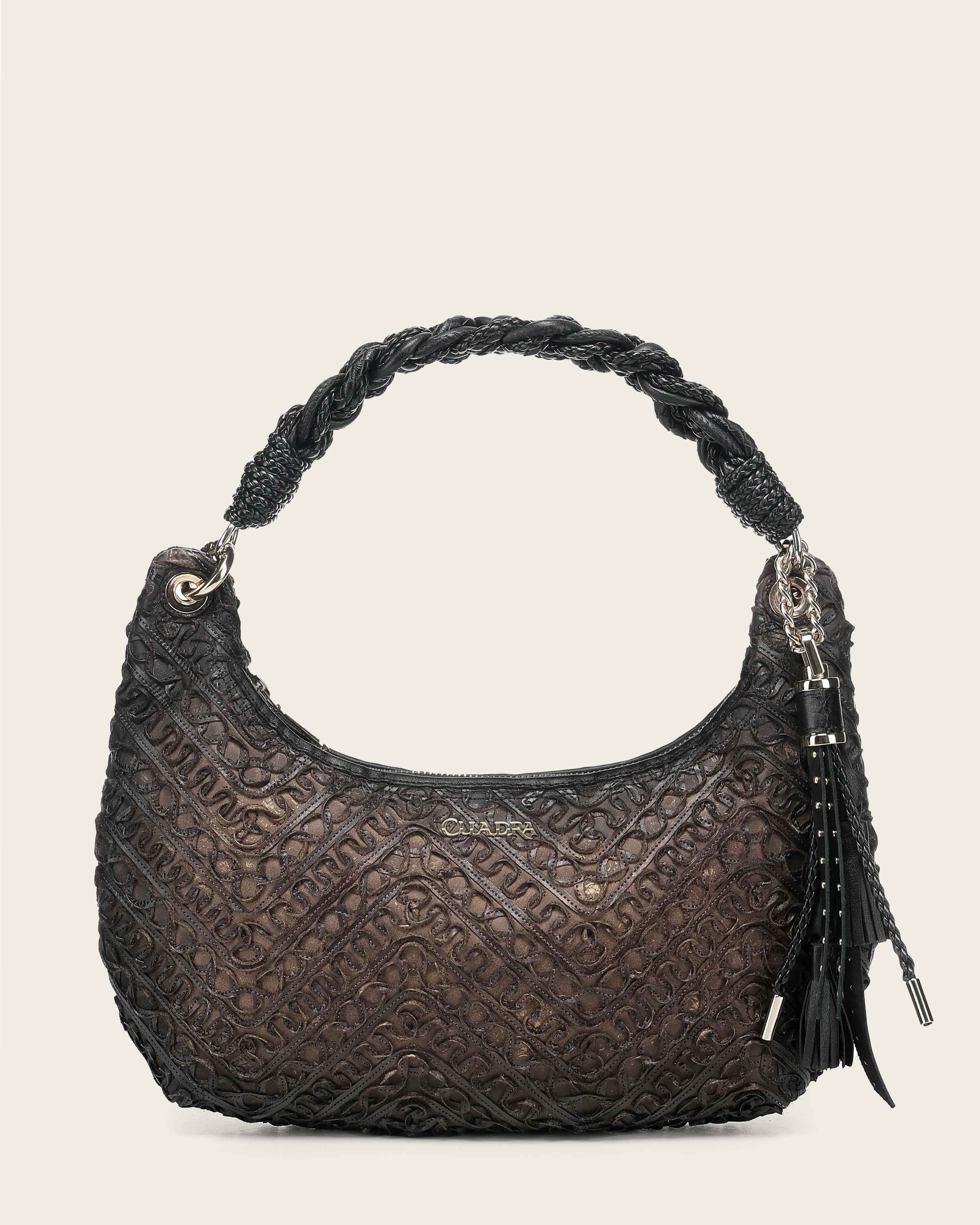 Women’s Genuine Brown Leather Shoulder Bag with Braided Handle & 3D Leather Weave