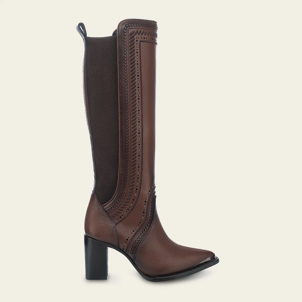 Women's Honey Brown Tall Leather Boots with Embroidered Details