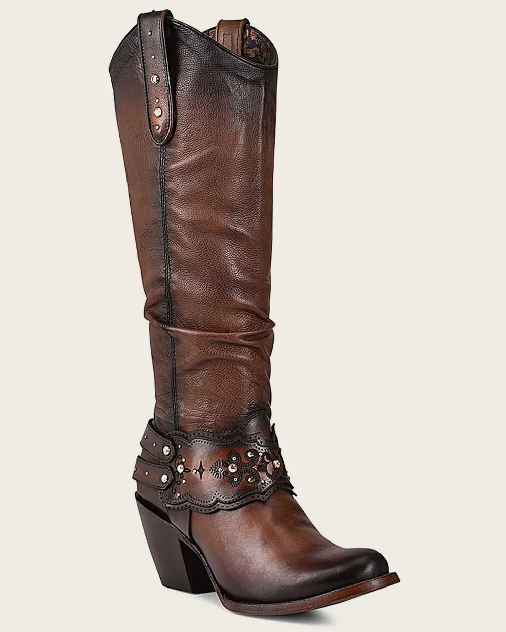 Brown Crystal-Embellished Knee-High Boot