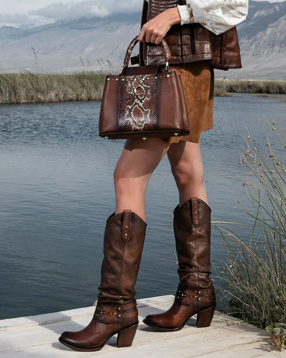 Brown Crystal-Embellished Knee-High Boot