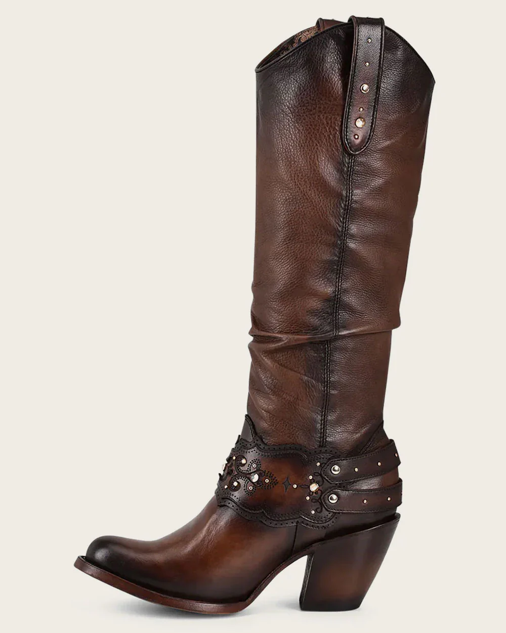 Brown Crystal-Embellished Knee-High Boot