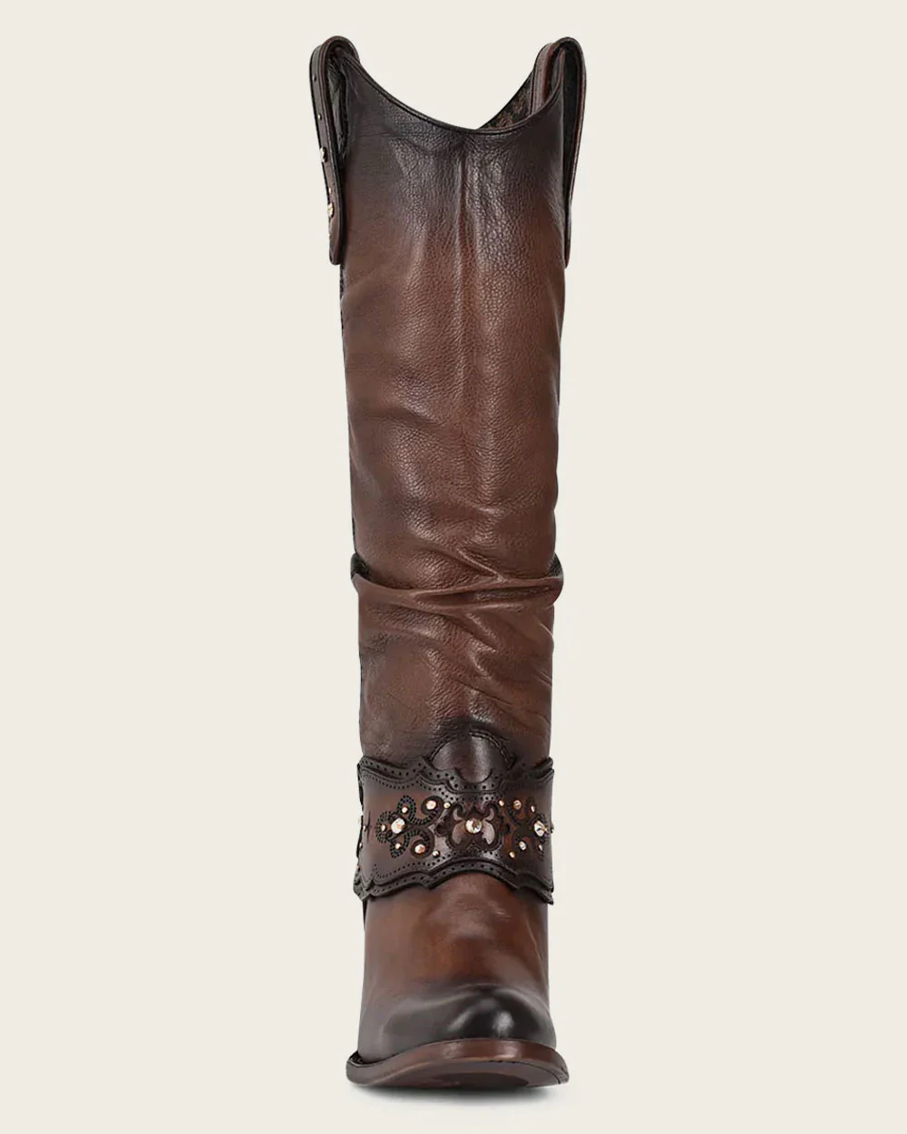 Brown Crystal-Embellished Knee-High Boot