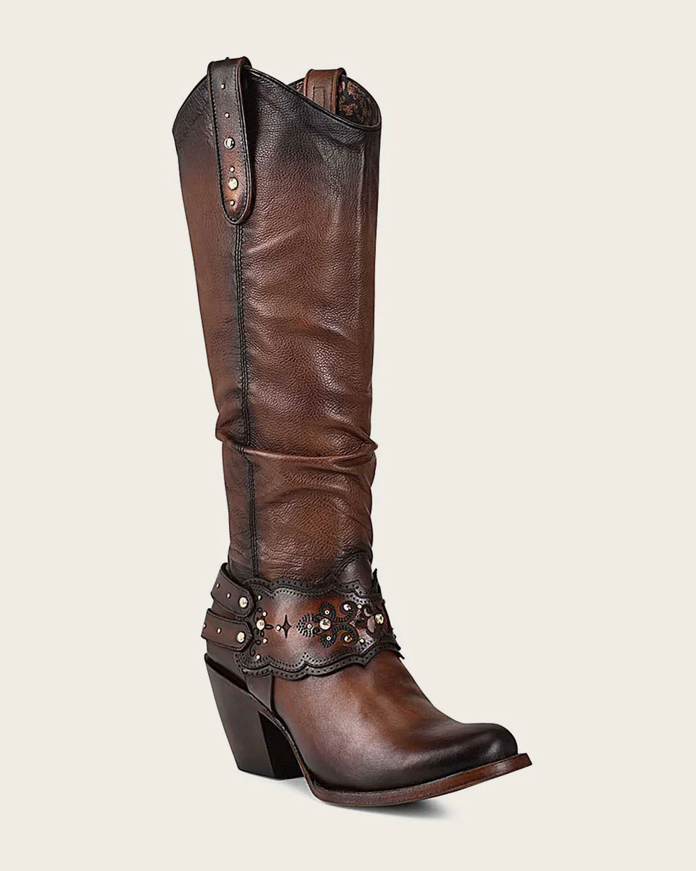 Brown Crystal-Embellished Knee-High Boot