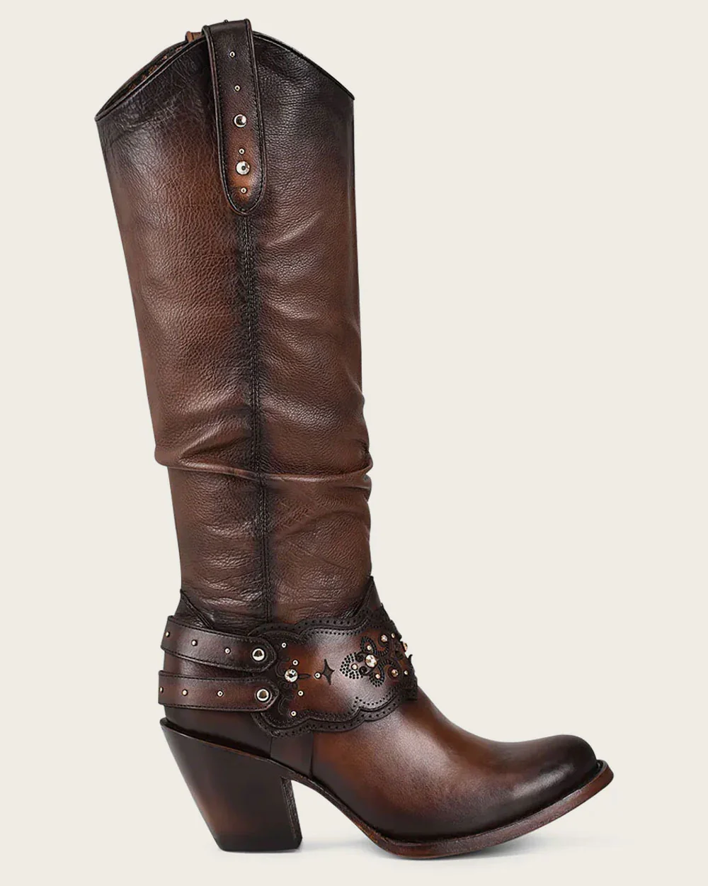 Brown Crystal-Embellished Knee-High Boot