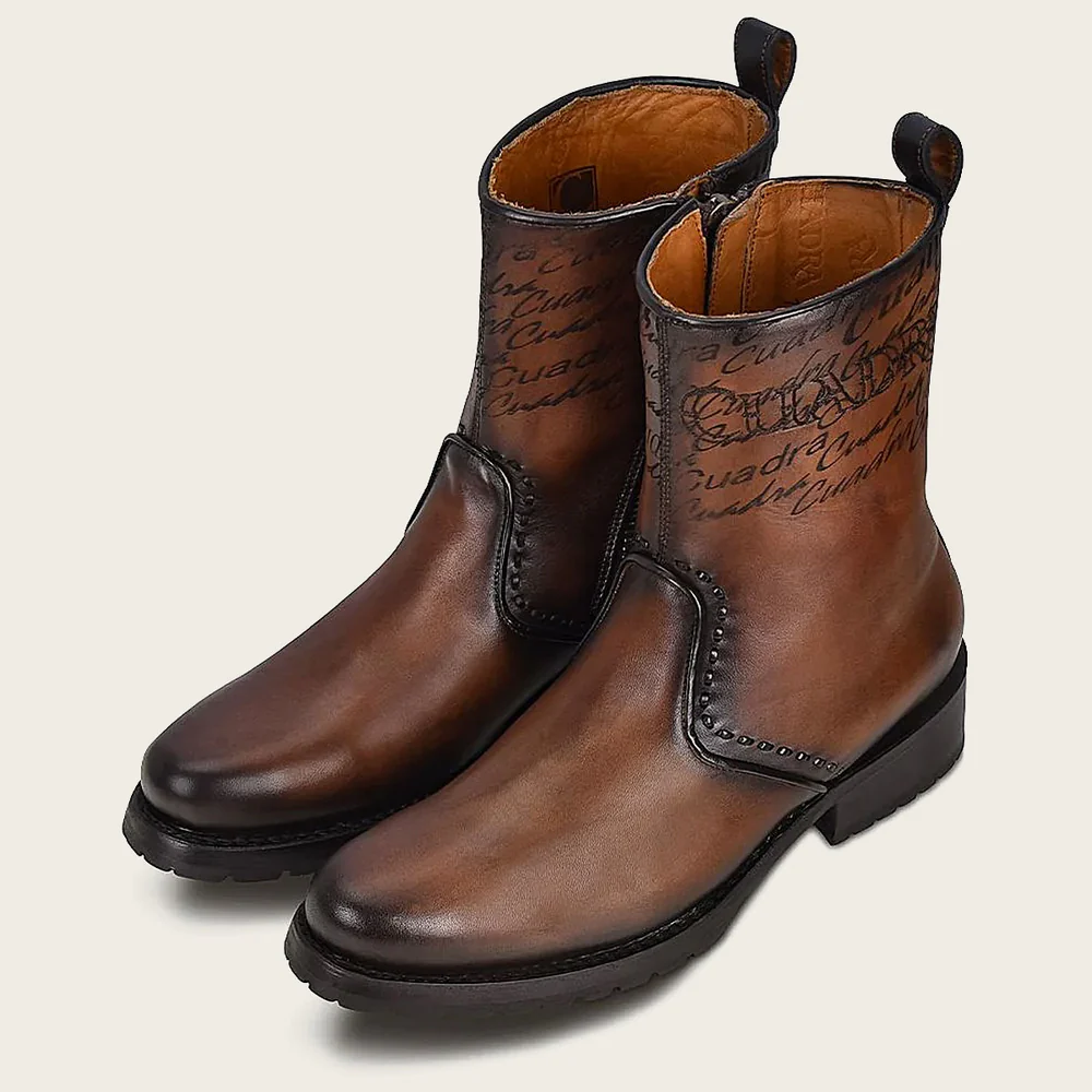 Mens brown dress boots embroidery and engraved on leather