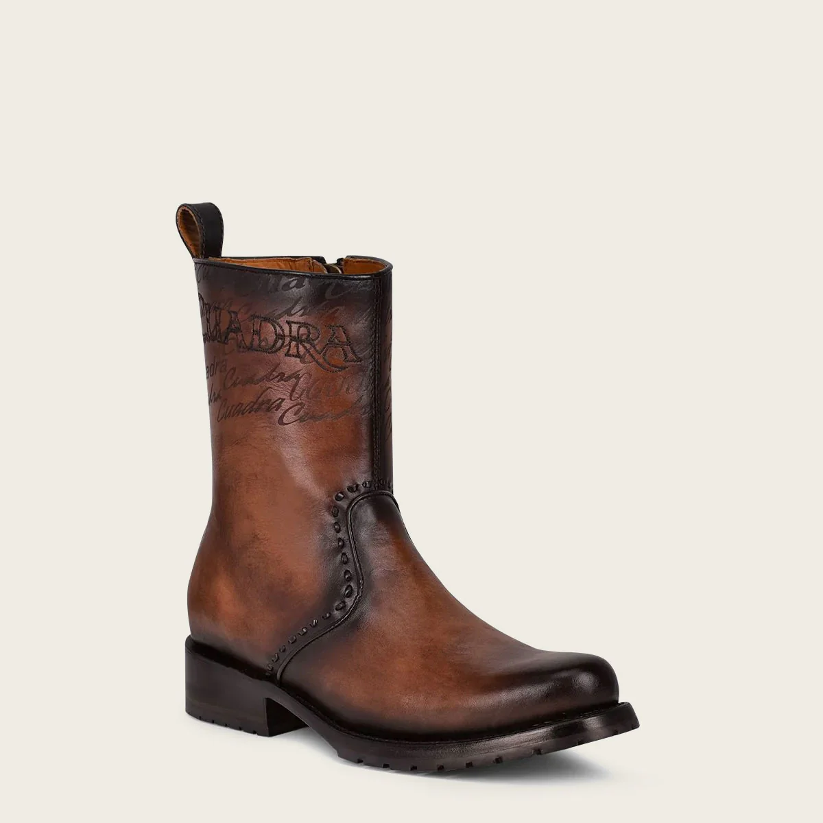 Mens brown dress boots embroidery and engraved on leather