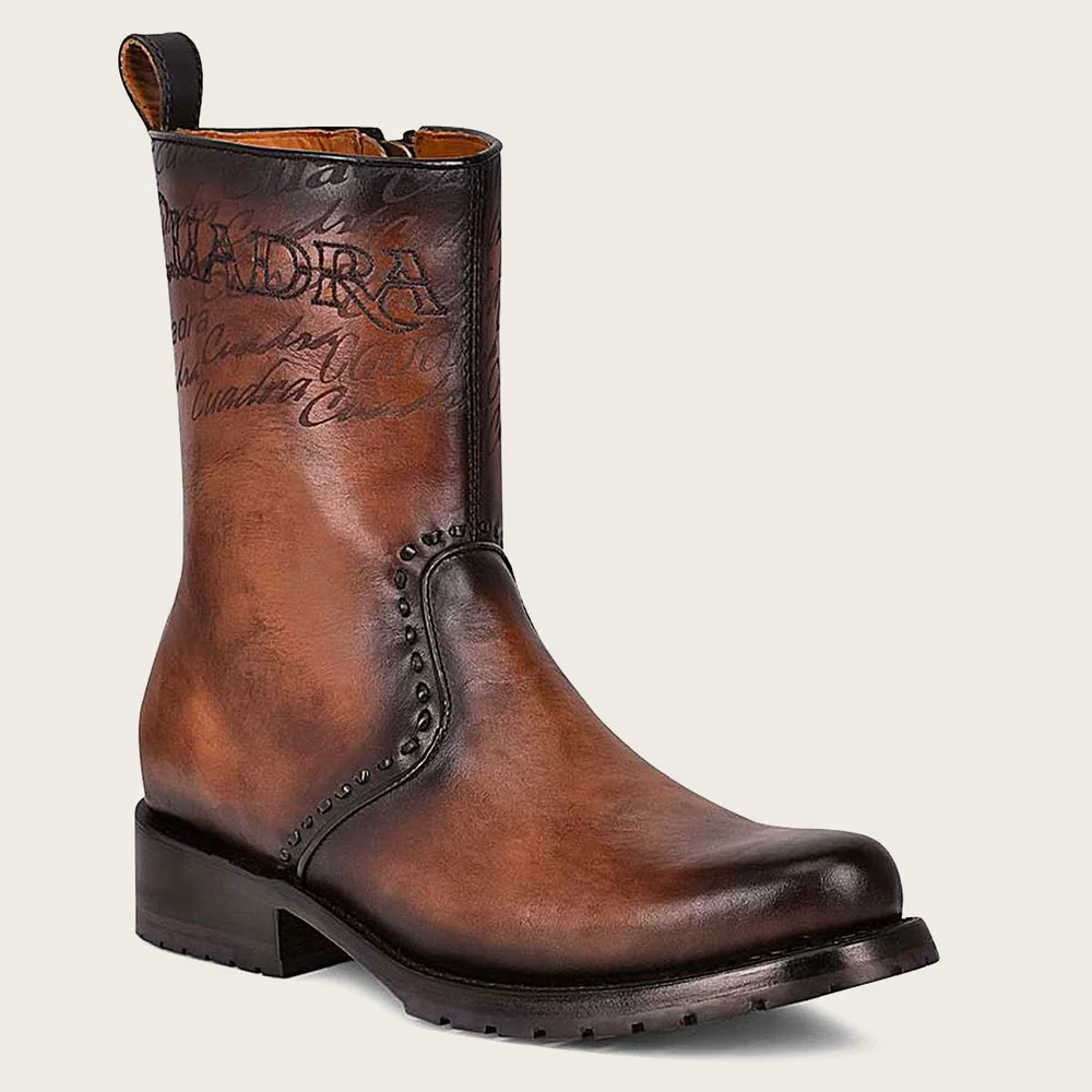 Mens brown dress boots embroidery and engraved on leather