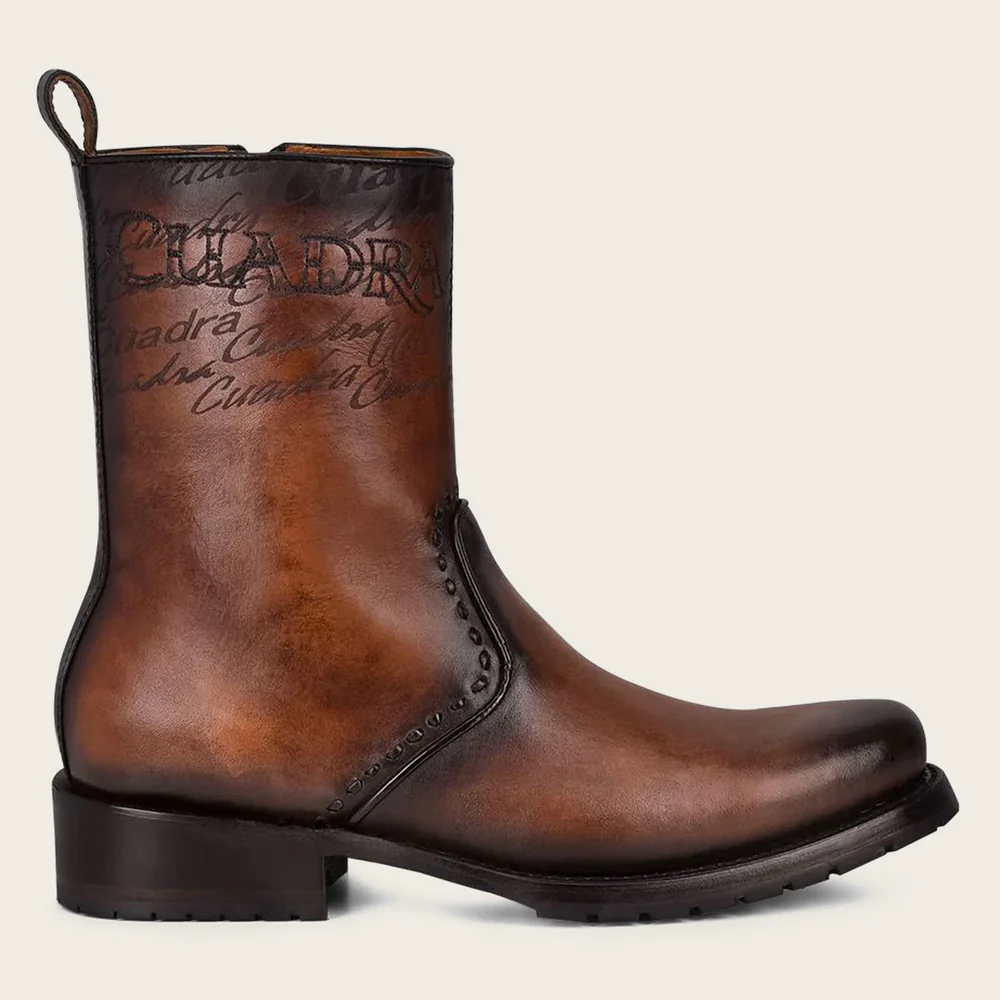 Mens brown dress boots embroidery and engraved on leather