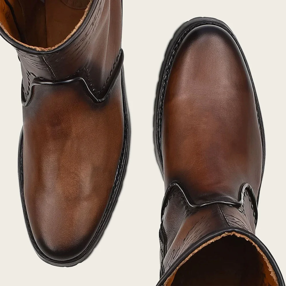 Mens brown dress boots embroidery and engraved on leather