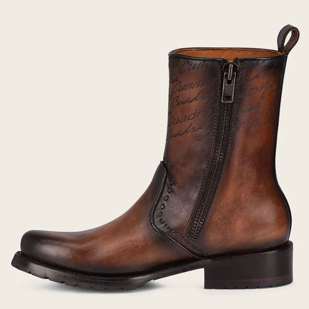 Mens brown dress boots embroidery and engraved on leather