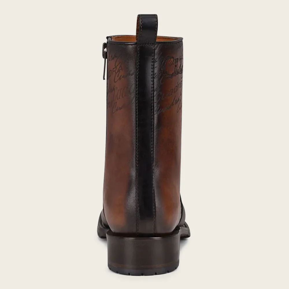 Mens brown dress boots embroidery and engraved on leather
