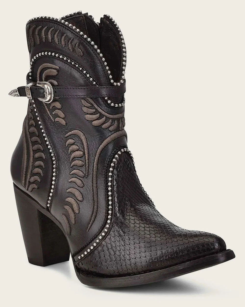 Black Embroidered Python Ankle Bootie